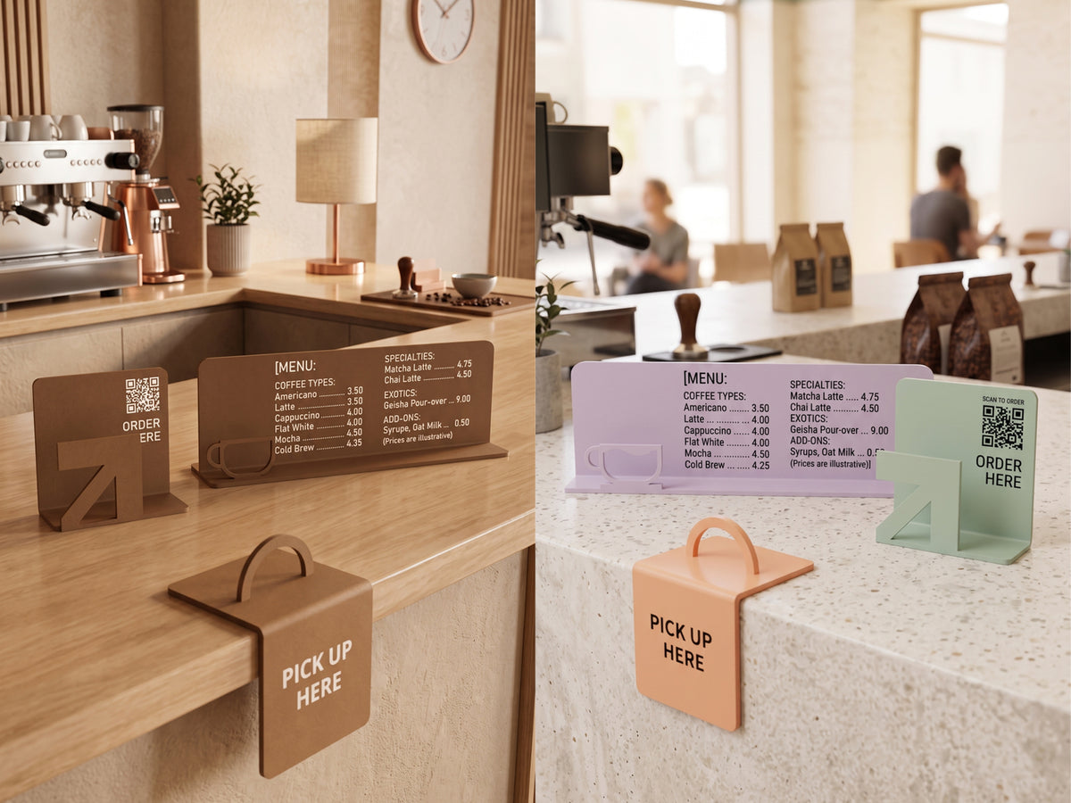 Tabletop Signage with Iconic Forms for Premium & Creative Spaces